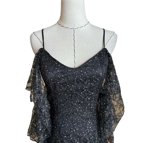 Vintage 80s Nuance Black Gold Swiss Dot Tulle Dress Stevie Nicks Fairy Witchy - Picture 3 of 17